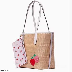 Kate Spade Tan Straw Tote with White and Pink Accents